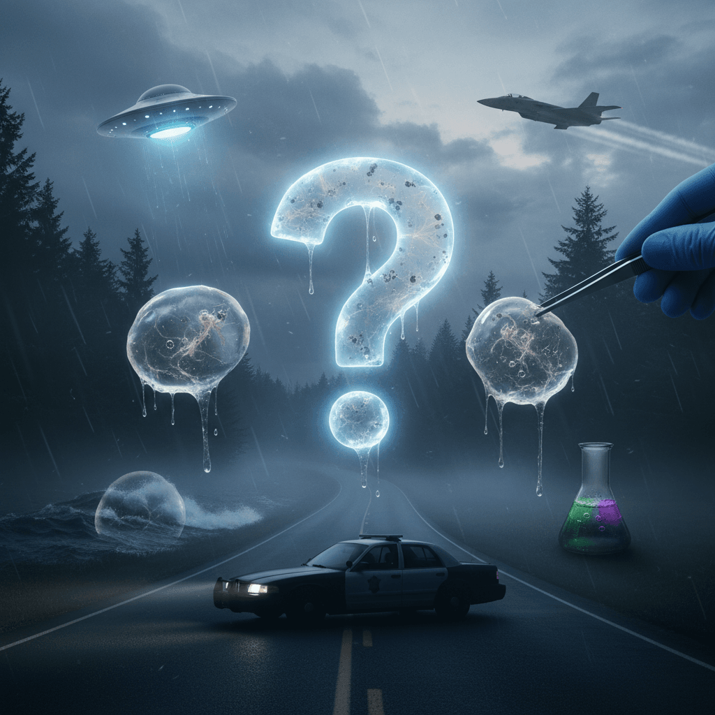 Translucent, gelatinous blobs falling from a cloudy sky onto a rural Washington road, with a silhouette of a car, evoking a mysterious atmosphere.