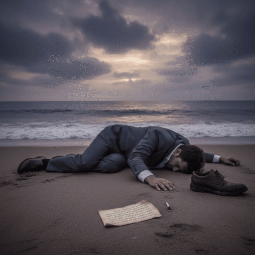 A mysterious, shadowy figure on a beach at dusk, evoking the enigma of the Somerton Man case.
