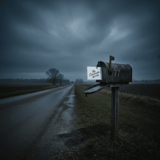 An old, slightly faded photograph of a small, seemingly quiet American town, possibly Circleville, Ohio, with a subtle overlay of vintage paper texture and a hint of an ominous shadow, evoking the mystery of the letters.