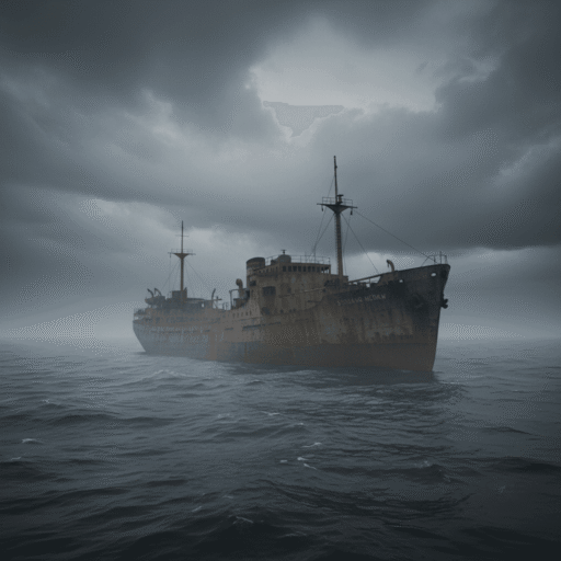 A mysterious, foggy silhouette of a ship on a dark, stormy sea, evoking the ghost ship theme