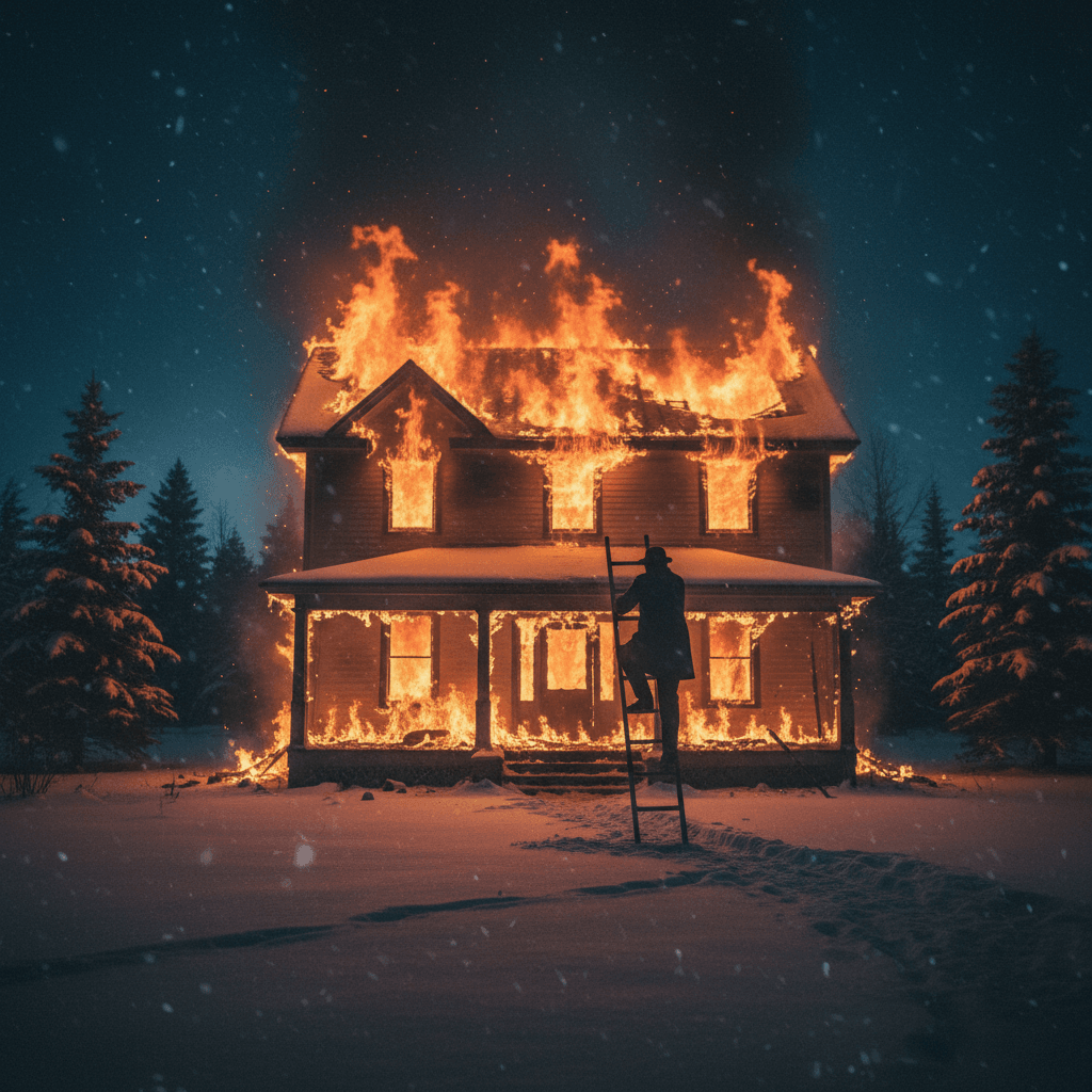 Historic photo of the Sodder family home engulfed in flames, with distraught onlookers.