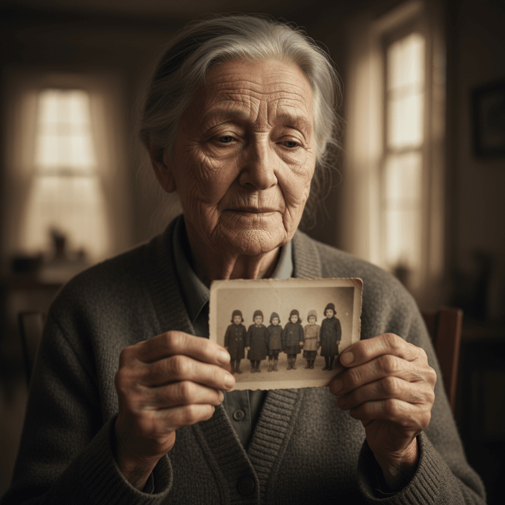 A grainy, aged photograph of a young man, allegedly Louis Sodder, sent to the family years after the fire.