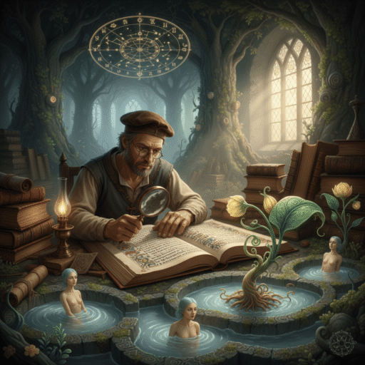 A fantasy forest with a glowing mystical plant and colorful mushrooms, bathed in soft, enchanting light.