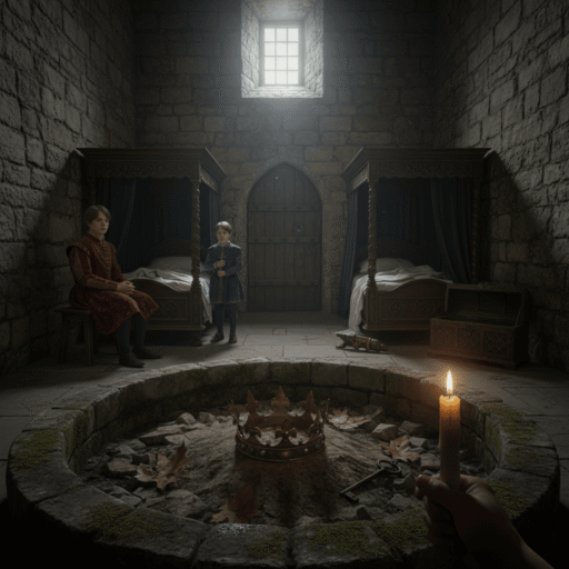 A dark, empty stone room with two four-poster beds and a window casting light, emphasizing the missing boys and the passage of time in the unresolved mystery.