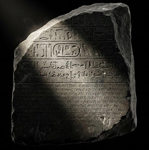 The Rosetta Stone displayed at the British Museum, featuring parallel inscriptions in Hieroglyphs, Demotic, and Ancient Greek that unlocked the secrets of Egyptian history.