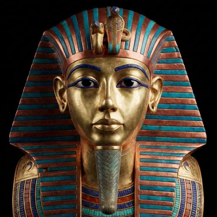 Golden Funerary Mask of Tutankhamun featuring lapis lazuli and obsidian details, illustrating ancient Egyptian metallurgy and the Amarna art style