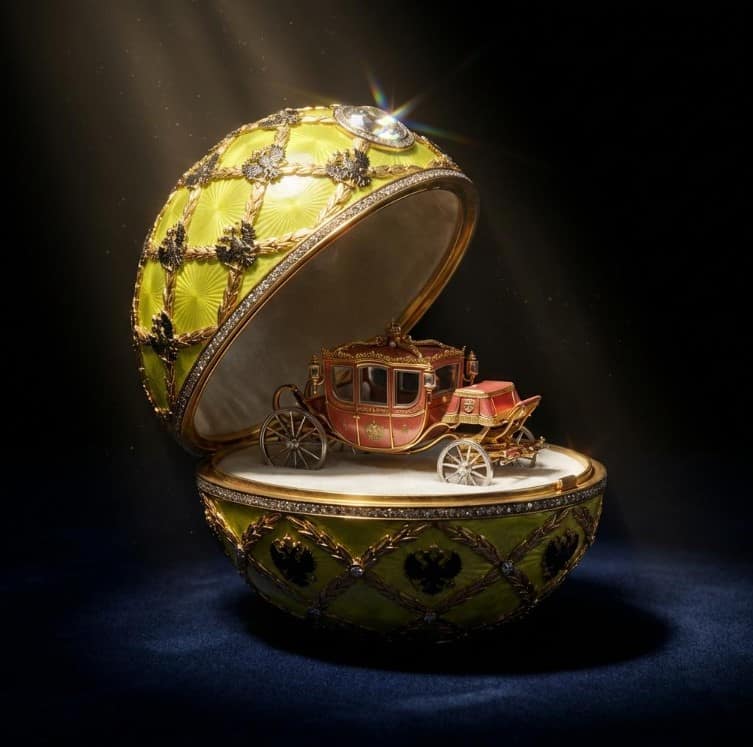 Imperial Fabergé Egg with intricate gold clockwork mechanism and guilloché enamel, symbolizing the lost luxury of the Romanov dynasty