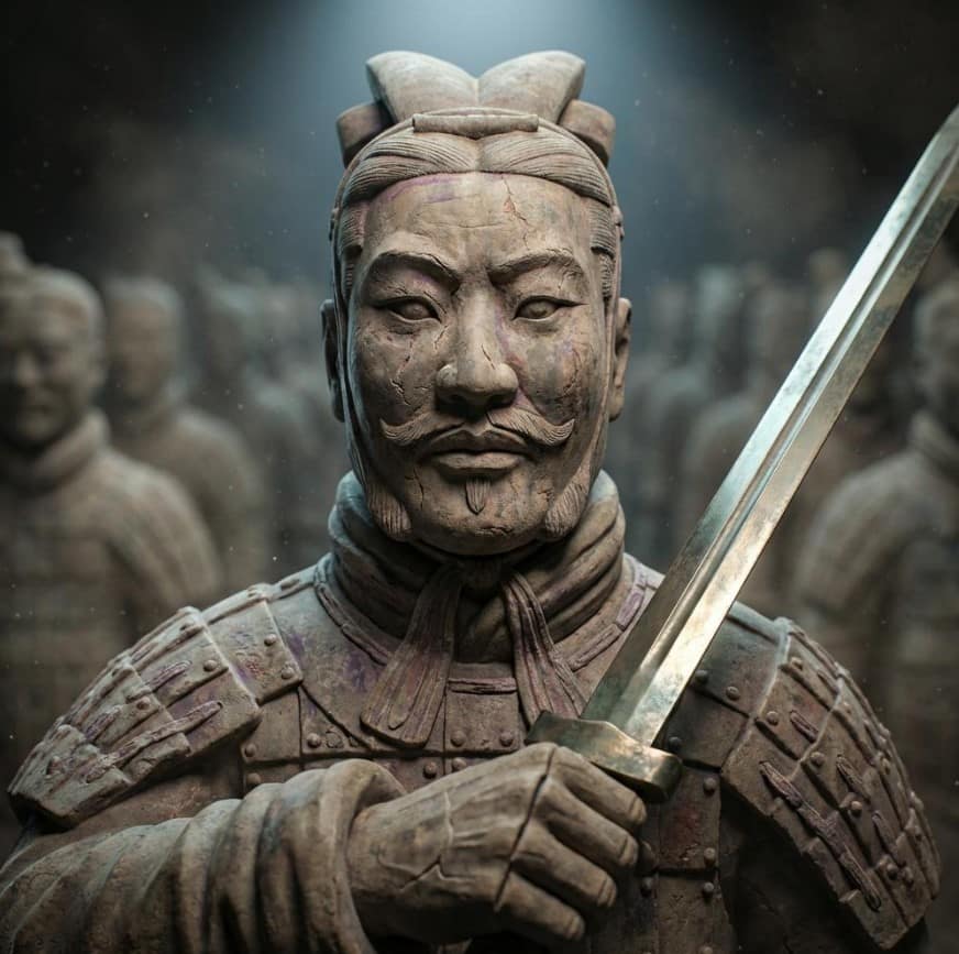 View of the Terracotta Army pits showing ranks of mass-produced life-size soldiers guarding the tomb of Qin Shi Huang, revealing ancient industrial scale engineering.