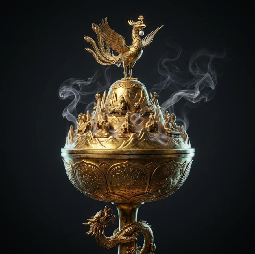 A stunning, detailed close-up of an ancient gilded bronze artifact, possibly an incense burner, showcasing intricate carvings of mythical creatures and floral patterns, set against a dark, moody background to highlight its golden sheen.