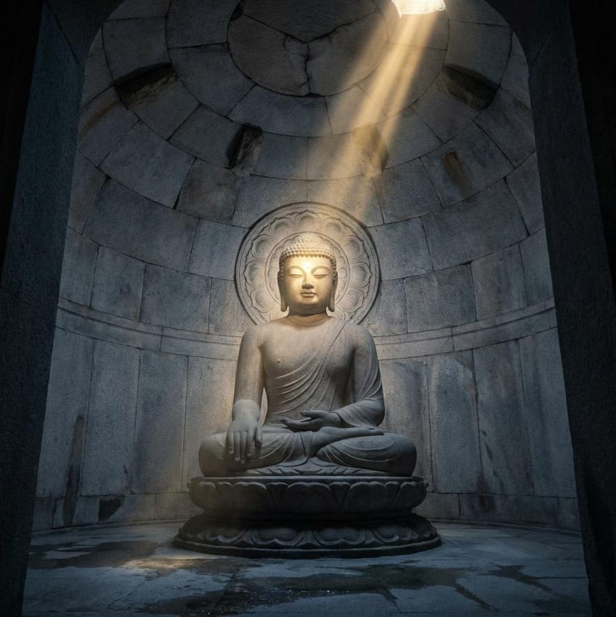 A wide-angle view of the Seokguram Grotto entrance atop Mt. Toham, surrounded by misty pine forests and ancient stone lanterns.