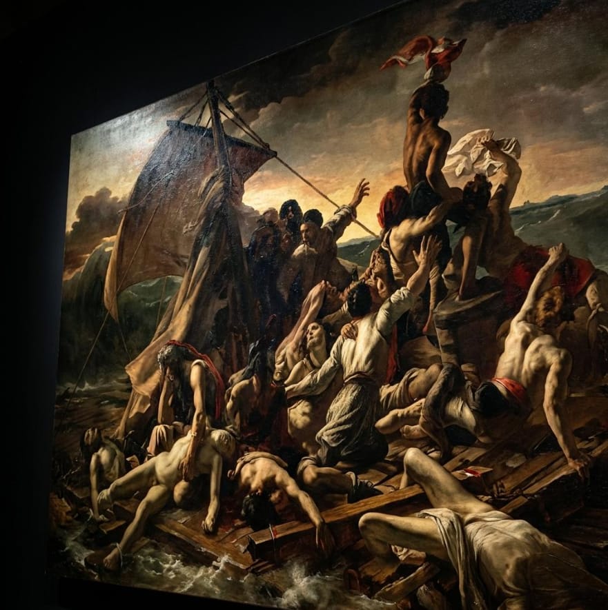 The Raft of the Medusa painting by Théodore Géricault, showing a desperate group of survivors on a makeshift raft waving at a distant ship on a stormy sea.