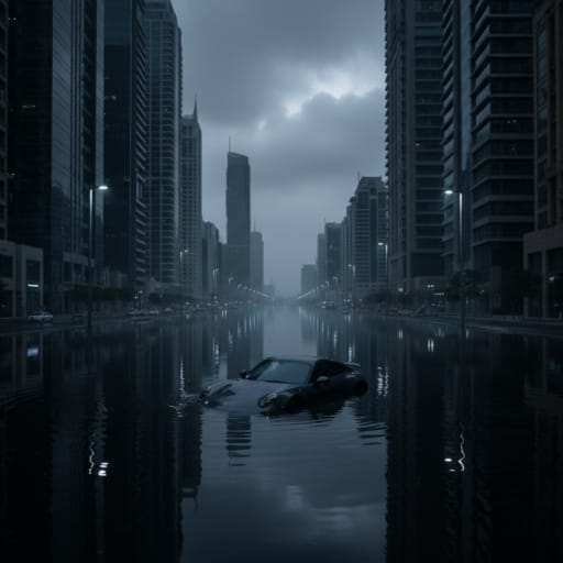 Apocalyptic scene of Dubai's futuristic skyline submerged in floodwaters, illustrating the conspiracy theories of cloud seeding and weather warfare versus the reality of extreme climate change