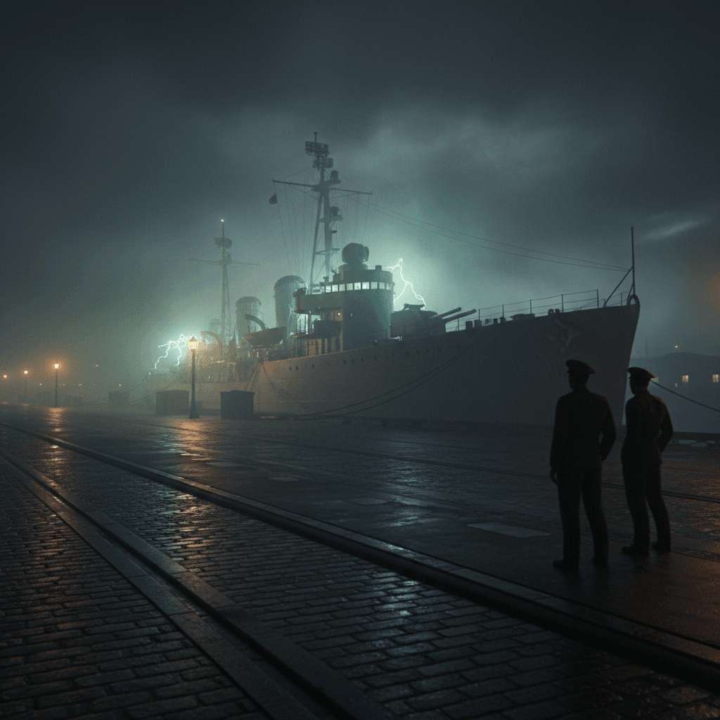 An enigmatic image depicting a ship surrounded by ethereal, glowing energy, symbolizing the mystery of the Philadelphia Experiment. The ship appears partially transparent or phased, with abstract light effects suggesting invisibility or teleportation. The background is dark and mysterious, enhancing the conspiratorial theme.