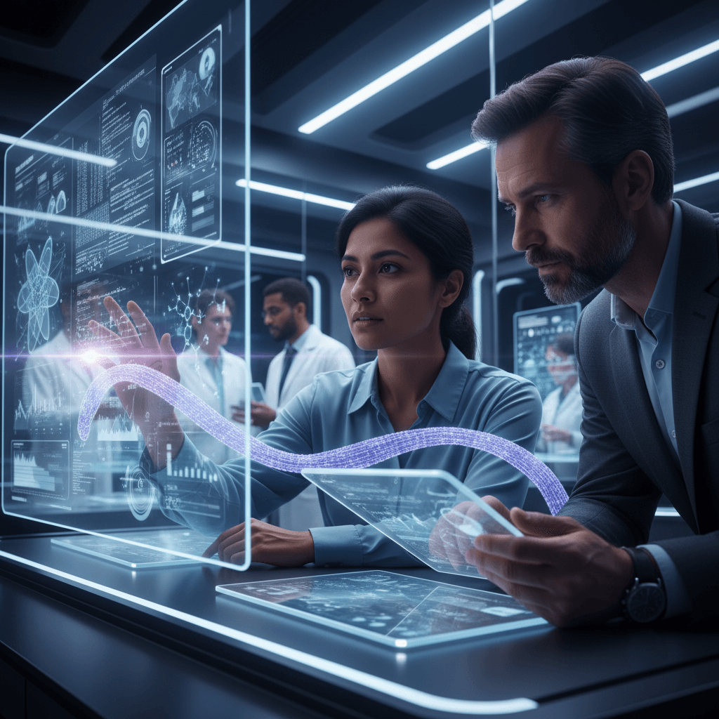 A photorealistic, cinematic, and atmospheric image depicting a diverse team of two humans collaboratively working with advanced artificial intelligence in a sleek, futuristic research facility.