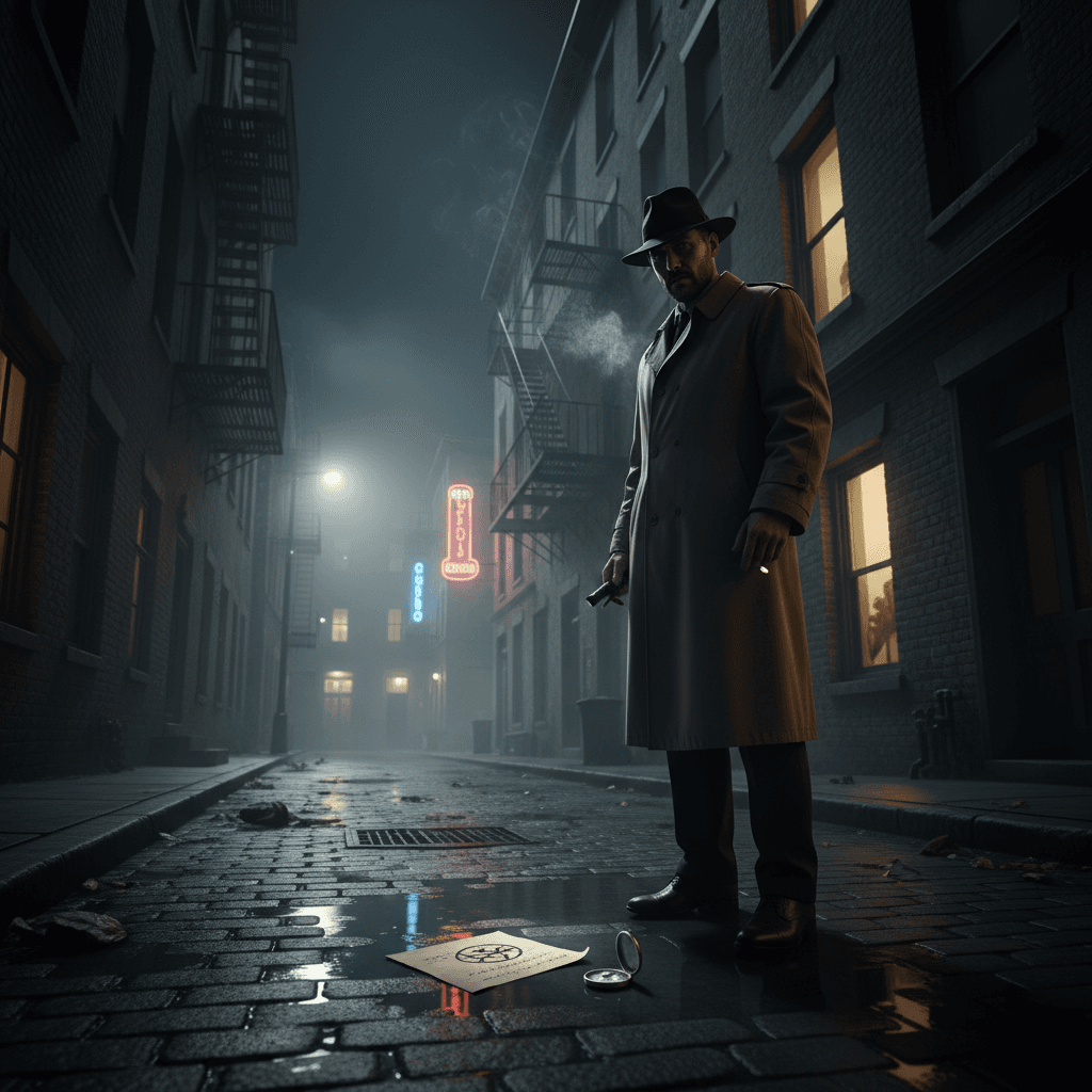 A dramatic, cinematic wide shot of a classic American hardboiled detective in a shadowy, rain-slicked urban alleyway at night, trench-coat, fedora, neon glows, fog, highlighting a mysterious clue on the wet pavement.