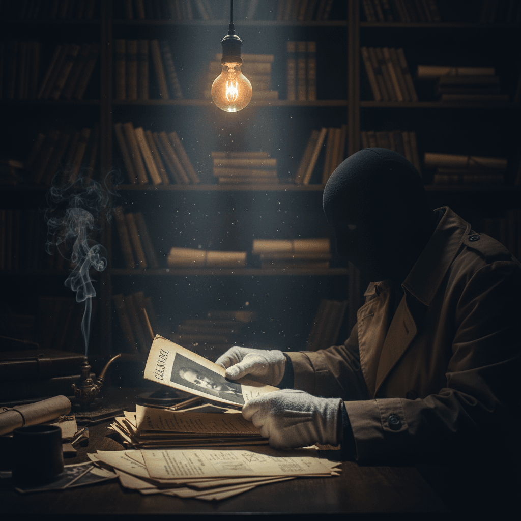 A dimly lit, clandestine study with gloved hands sifting through classified documents, a blurred photo of a dictator visible. Dust motes swirl in volumetric light.