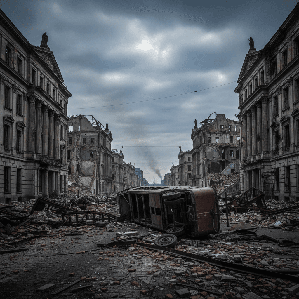 Ruins of Berlin in April 1945, somber and desolate
