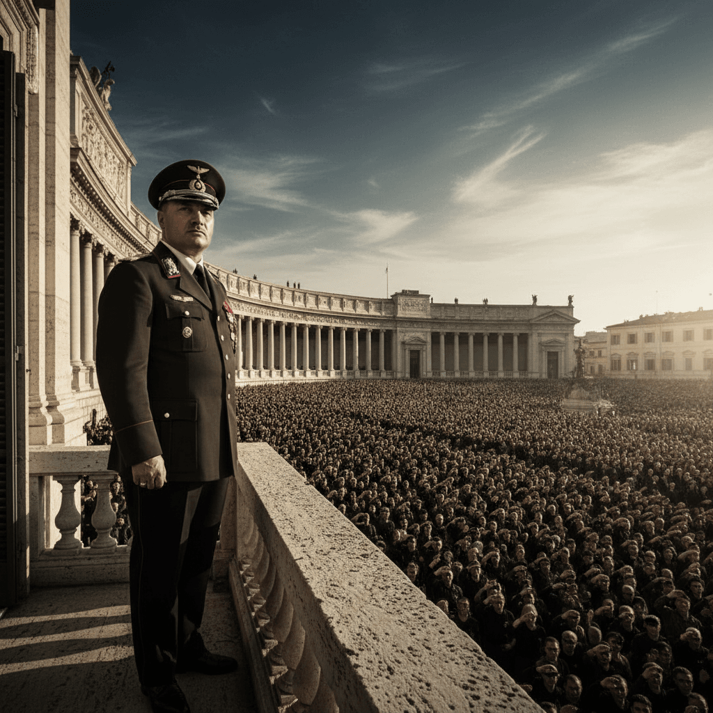 A dramatic and cinematic portrayal of Benito Mussolini on a grand balcony addressing a vast crowd, embodying the aesthetic of the Fascist era.
