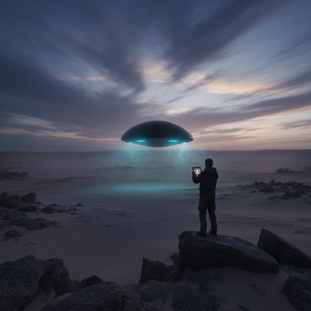 A hyper-realistic, cinematic wide shot of a desolate desert landscape under a turbulent twilight sky. A small, dark, sleek, featureless UAP hovers silently midground, emitting a subtle, otherworldly diffused glow and casting long shadows. It is partially obscured by dust or energy distortion. In the foreground, a lone, silhouetted investigator in outdoor gear stands on a rocky outcrop, holding a tablet, gazing at the anomaly with awe and apprehension. The atmosphere is heavy with mystery and unease.