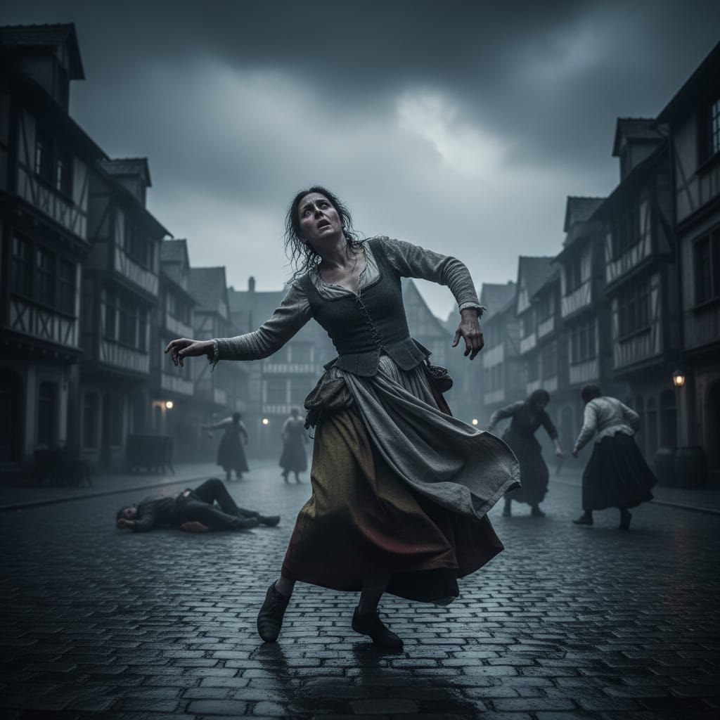An eerie, atmospheric image depicting a historical street scene, with blurred figures in motion, suggesting a mysterious and unsettling event, rendered with cinematic lighting.