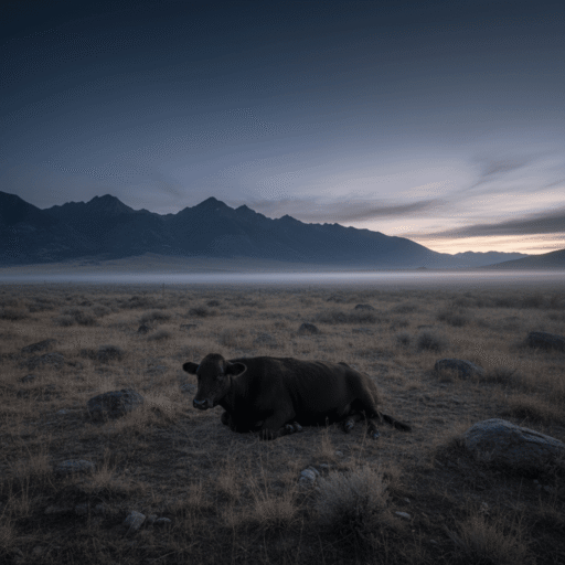 An atmospheric, wide shot of a desolate rural landscape with cattle, under a dramatic, cloudy sky, evoking a sense of enigma and isolation in the San Luis Valley.