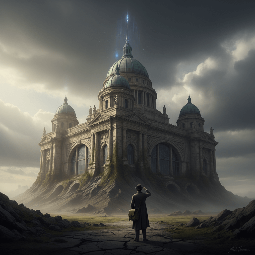 An ornate, classical architectural structure, possibly an ancient building or monument, hinting at historical grandeur.