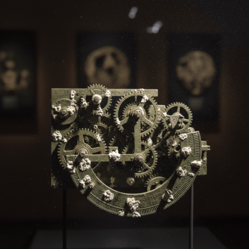 Photorealistic cinematic close-up of Antikythera Mechanism fragments