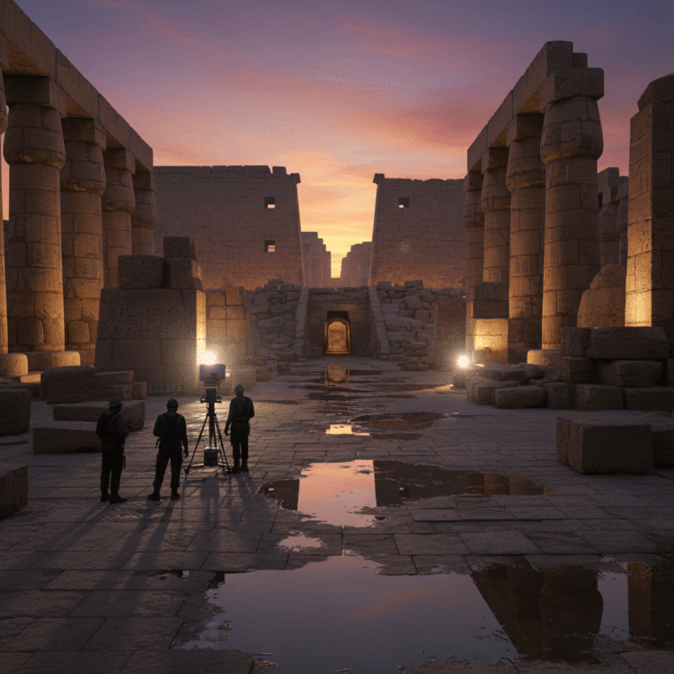 Archaeological dig at dusk with ground-penetrating radar equipment, hinting at ancient secrets and grand temple ruins