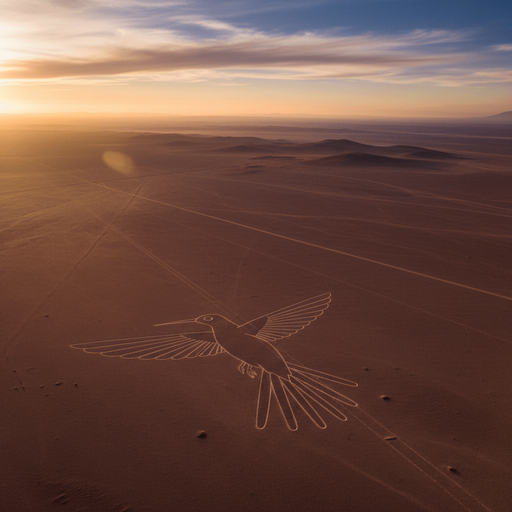 A breathtaking, cinematic, drone s-eye view of the ancient Nazca Lines in Peru at dawn, focusing on a prominent biomorphic figure like the Hummingbird or Spider.