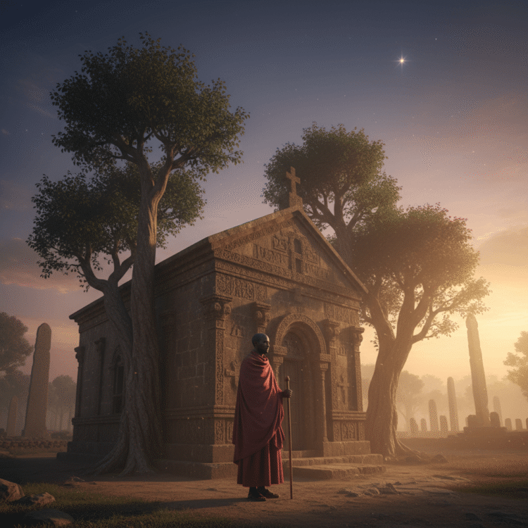 A photorealistic, cinematic, and atmospheric wide shot capturing the mysterious and ancient Church of Our Lady Mary of Zion complex in Axum, Ethiopia, at dusk.