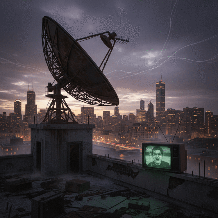 An abandoned, rusty microwave broadcast relay dish antenna on a derelict urban rooftop, silhouetted against a moody, twilight 1980s Chicago cityscape. A vintage CRT TV flickers with a distorted Max Headroom face. Ethereal signal interference ripples through the sky.
