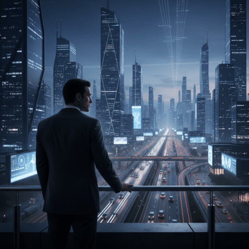 The Architect's Shadow: A solitary figure overlooks a futuristic metropolis at dusk, hinting at unseen control.