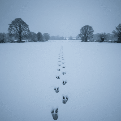 Mysterious footprints in snow, evoking the Devil's Footprints of Devon