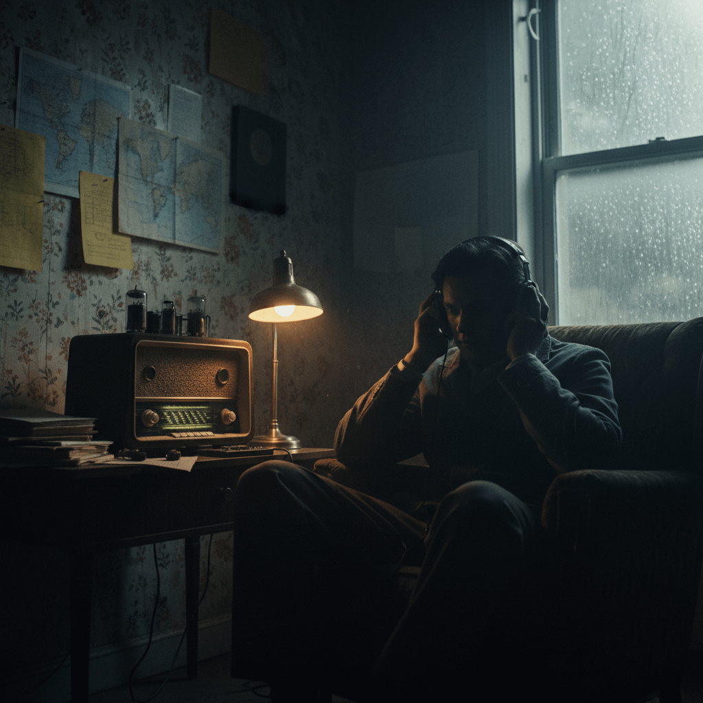 A solitary figure listening to a vintage shortwave radio in a dimly lit, Cold War-era room