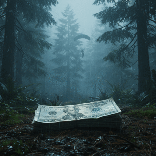 A desolate, rain-swept Pacific Northwest forest at twilight with a partially buried bundle of water-damaged twenty-dollar bills in the foreground and a faint silhouette of a parachuting figure in the background.