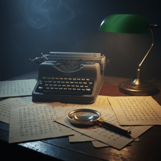 Dimly lit old wooden desk with scattered cipher papers, a vintage typewriter, and an antique magnifying glass under a flickering lamp.