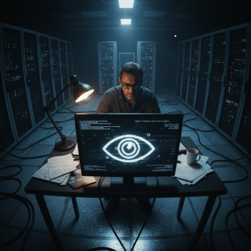 A dark, cybernetic illustration of a giant mechanical eye or serpent-like AI entity, glowing with ominous red and green lights, representing the digital gaze of Roko's Basilisk.