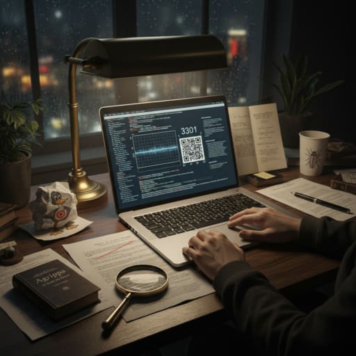 A digital illustration of a moth or cicada symbol with intricate geometric patterns on its wings, glowing in neon green against a dark, matrix-like background of binary code.