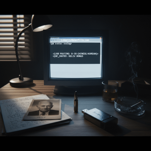 A glitch-art style digital illustration representing the Lake City Quiet Pills mystery: fragments of HTML code, a silhouette of a man in a trench coat, and a pills bottle, all bathed in a green matrix-like glow.