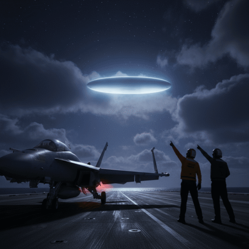 Cinematic night scene on a U.S. Navy aircraft carrier. An F/A-18 Super Hornet is silhouetted against a turbulent, star-strewn sky of deep blues and purples. Two Navy personnel look up intently at a subtly luminous, tic-tac shaped UAP hovering silently above the carrier, emitting a soft white-blue glow.