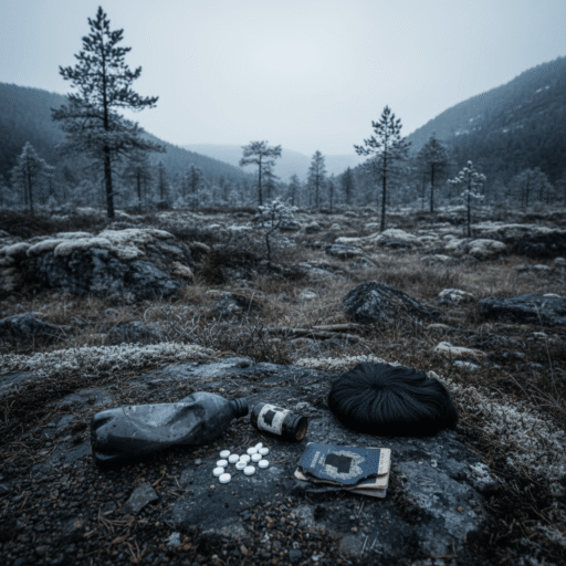 A moody, noir-style illustration of a mysterious woman in a trench coat standing in a snowy Norwegian valley, her face obscured by shadow, holding a suitcase with luggage tags removed.
