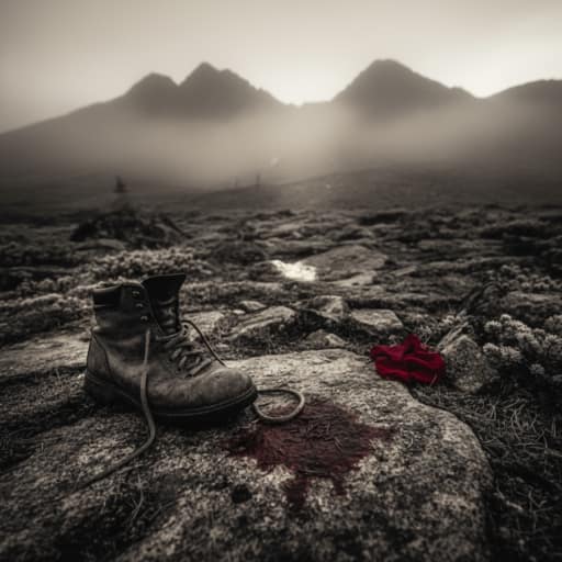 A haunting digital illustration of a snowy Siberian mountain pass under a dark, stormy sky, with silhouettes of hikers struggling against the wind, conveying a sense of isolation and dread.
