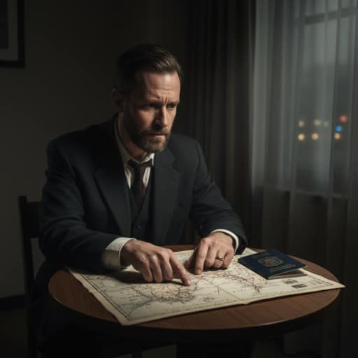 Artistic digital illustration of a bewildered man in a 1950s suit standing at an airport customs desk, holding a passport stamped with the fictional nation of 'Taured', surrounded by confused officials and a hazy, glitching background.