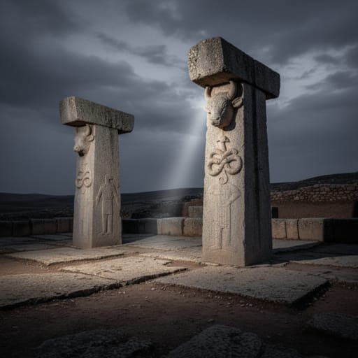 Digital reconstruction of Göbekli Tepe showing massive T-shaped limestone pillars arranged in circles, adorned with animal reliefs, set against a prehistoric landscape under a starry sky.