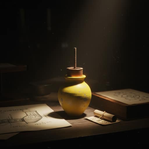 A realistic digital illustration of the Baghdad Battery: a yellow clay jar with the top cut away to reveal a copper cylinder inside, and an iron rod suspended within the cylinder, held in place by asphalt.