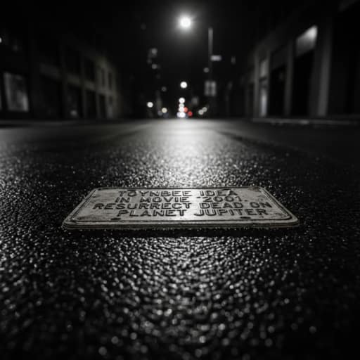 A close-up photograph of a mysterious Toynbee Tile embedded in asphalt, featuring the text 'TOYNBEE IDEA IN MOViE 2001 RESURRECT DEAD ON PLANET JUPITER' in block letters, worn by traffic but still legible.