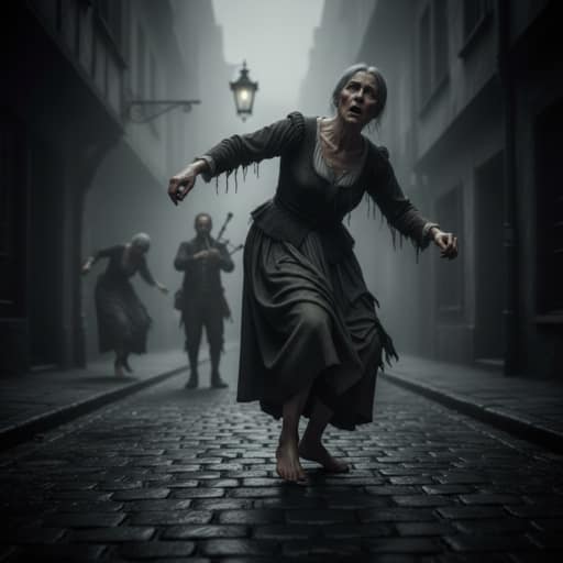 A grim historical illustration depicting medieval peasants in Strasbourg dancing uncontrollably in the streets with expressions of agony and exhaustion, surrounded by musicians and confused onlookers.