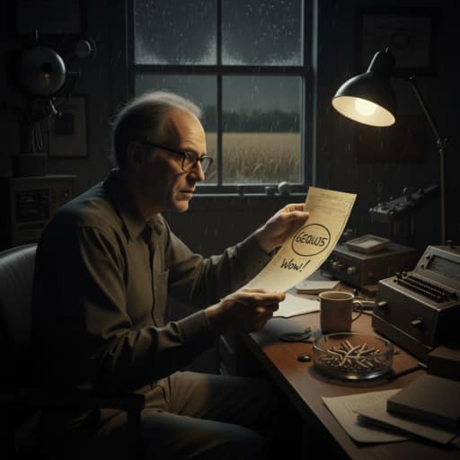 Digital illustration of the famous Wow! signal computer printout with the red handwritten note, superimposed over a night sky filled with radio waves and the silhouette of the Big Ear telescope