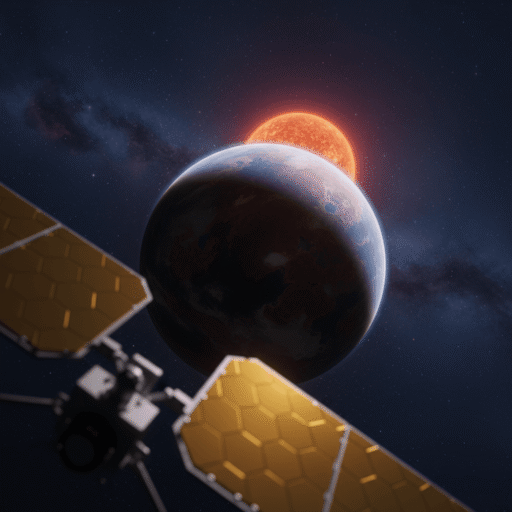 A photorealistic, cinematic, and atmospheric image of exoplanet LHS 1140 b, a rocky super-Earth with a thin, wispy atmosphere. It is viewed from high orbit, with varied terrain hinting at oceans, continents, and clouds. The dim red dwarf host star, LHS 1140, glows in the background, casting dramatic shadows and bathing the planet in crimson/amber light. Subtle nebular clouds are visible. In the foreground, partially obscured and out of focus, is a stylized segment of JWSTs golden hexagonal mirror array, indicating the observation. The mood is awe-inspiring and mysterious, with deep blues, purples, and warm red dwarf glow.