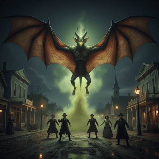 An eerie, cinematic depiction of a large, bat-like creature with glowing eyes and a horn, silhouetted against a stormy night sky over a rural town in Iowa.
